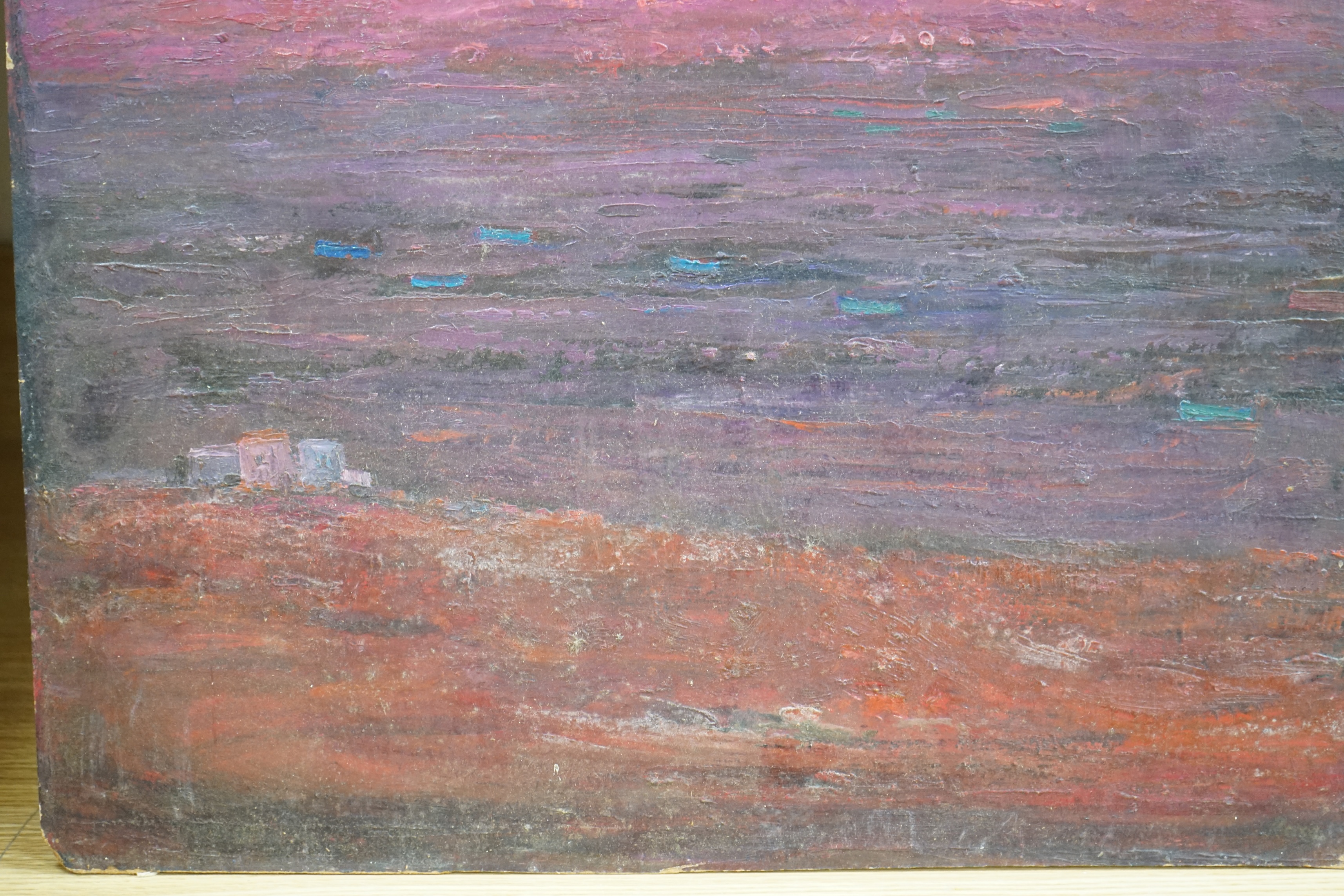 Muriel Rose (b.1923), oil on board, Abstract landscape, inscribed verso, 52 x 52cm, unframed. Condition - fair
